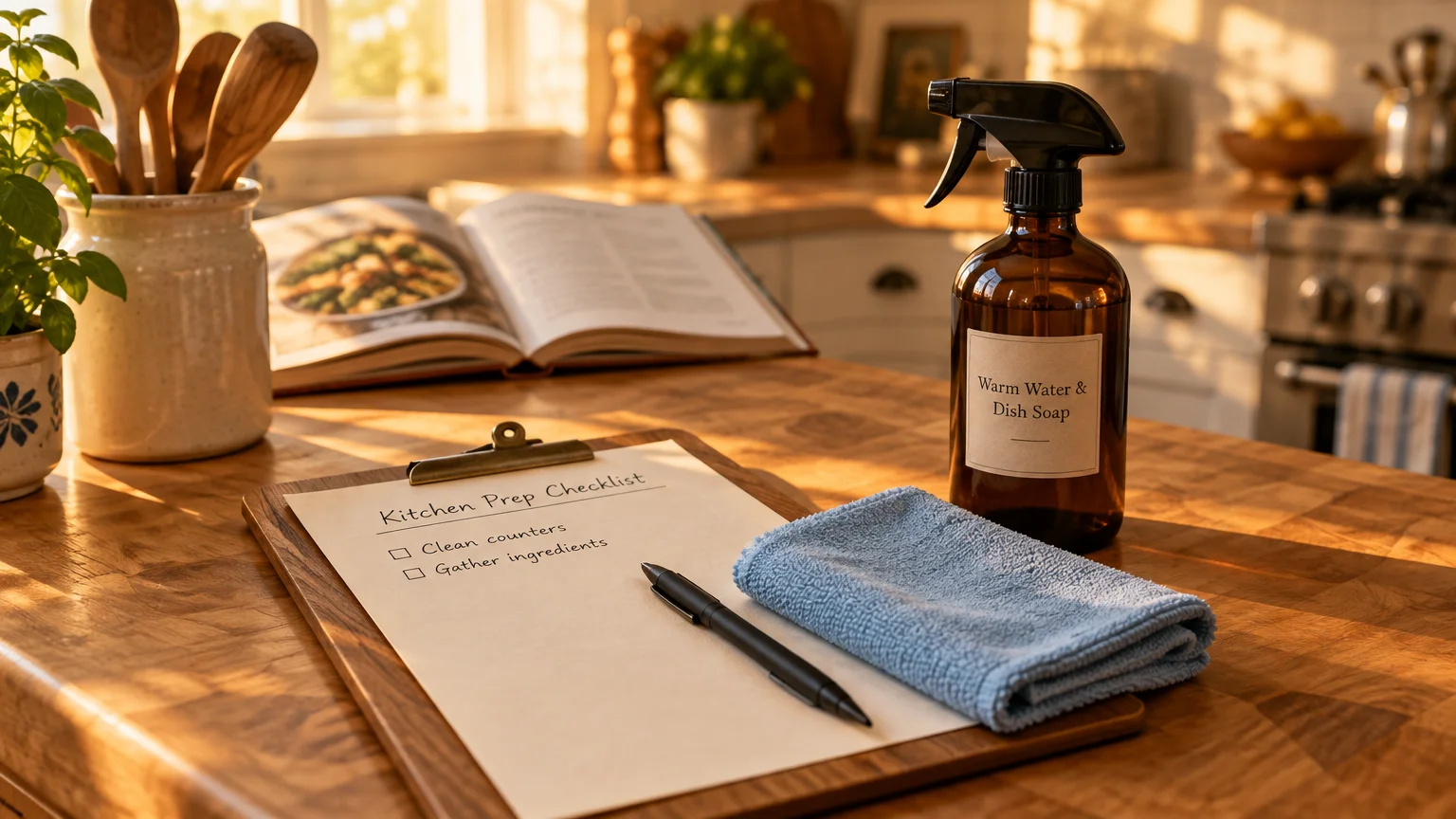 A wooden clipboard checklist, pen, blue cloth, and amber spray bottle rest on a sunlit butcher block kitchen island.
