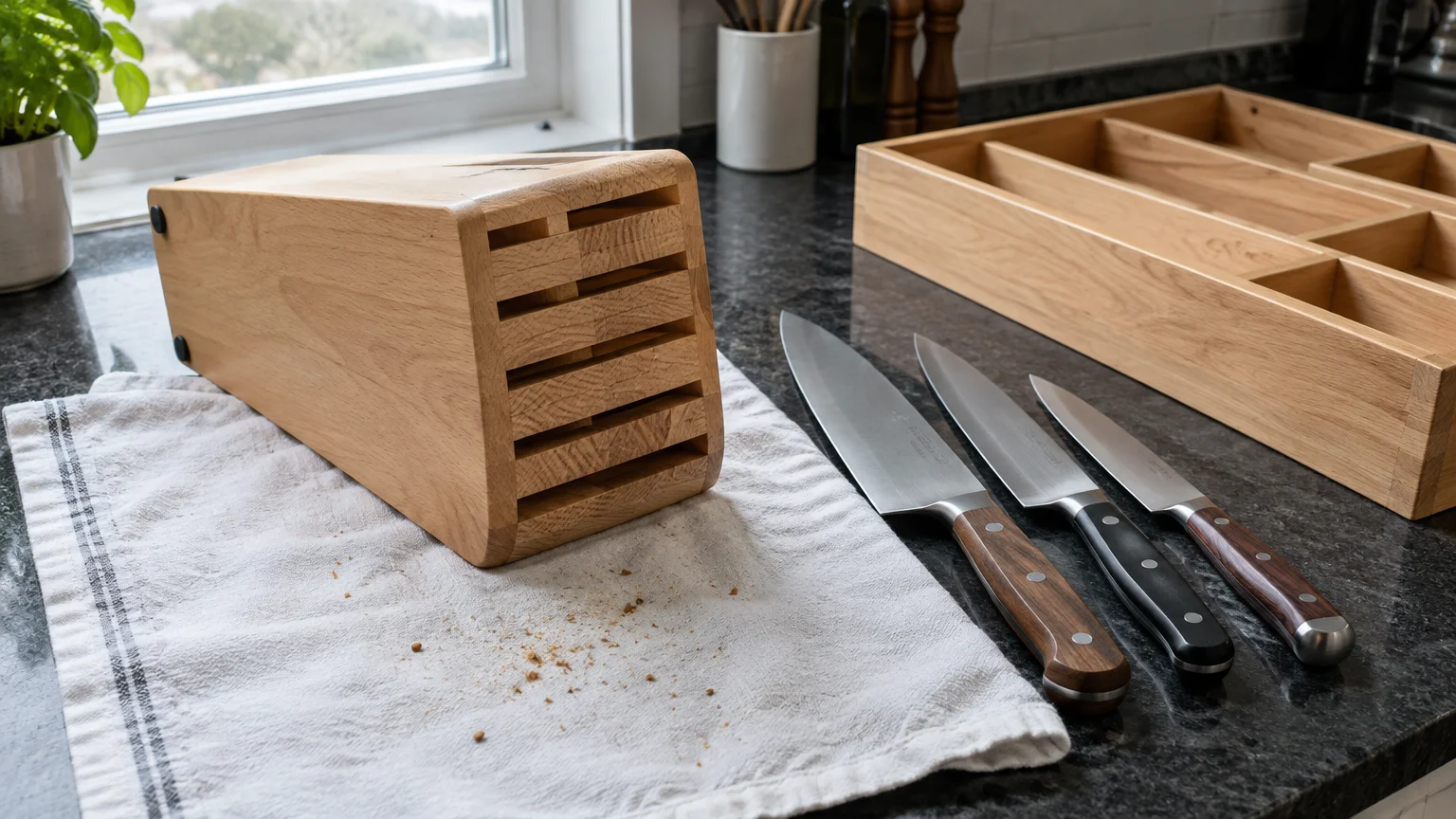 Wooden knife block resting on a towel with shaken-out crumbs, beside three kitchen knives and an empty wooden cutlery tray.