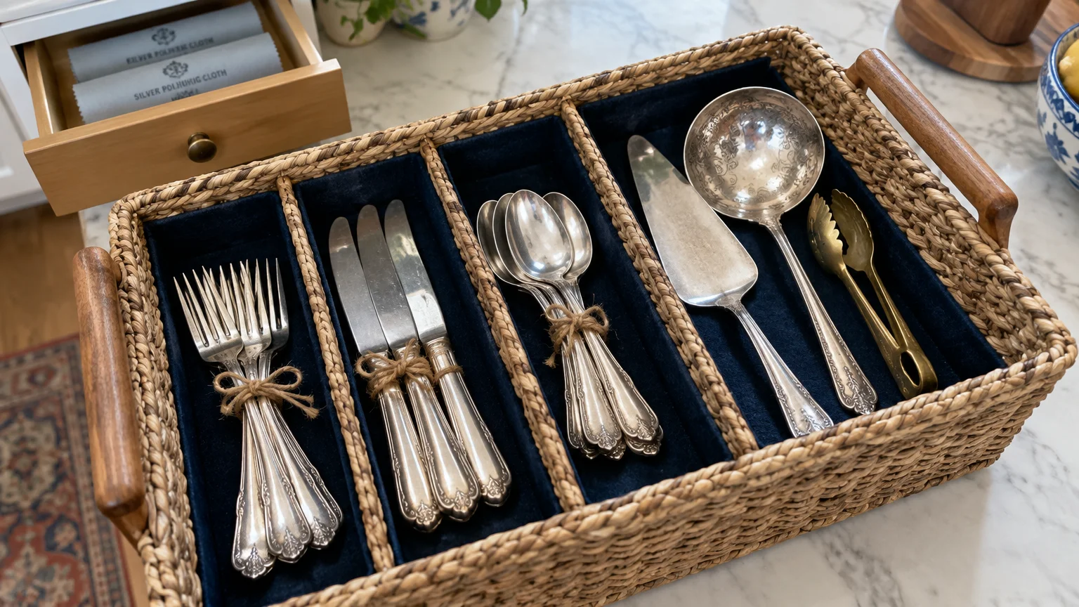 Woven caddy with velvet-lined slots holding bundles of silverware, a pie server, punch ladle, and small tongs.