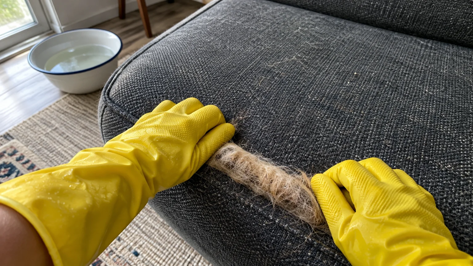 Yellow rubber gloves rolling a thick strip of gathered pet fur off a dark gray fabric sofa cushion.